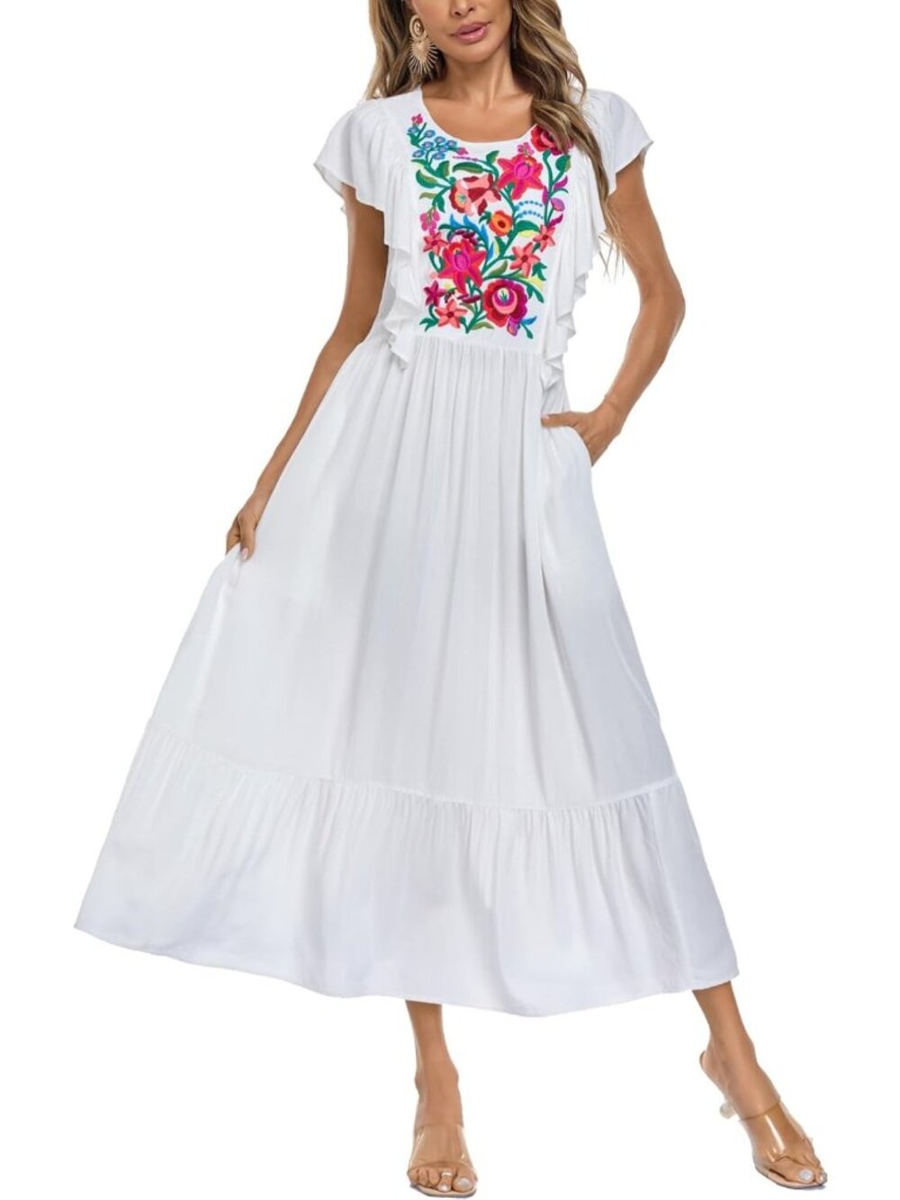 Floral Embroidered Summer Maxi Dress | Casual Boho Ruffle Tiered Sundress